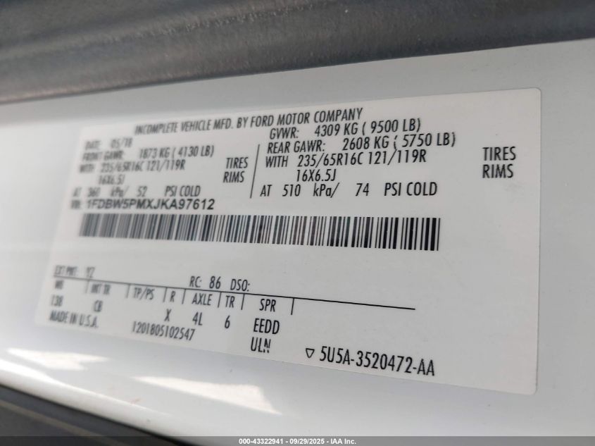 2018 Ford Transit-350 Cutaway VIN: 1FDBW5PMXJKA97612 Lot: 43322941