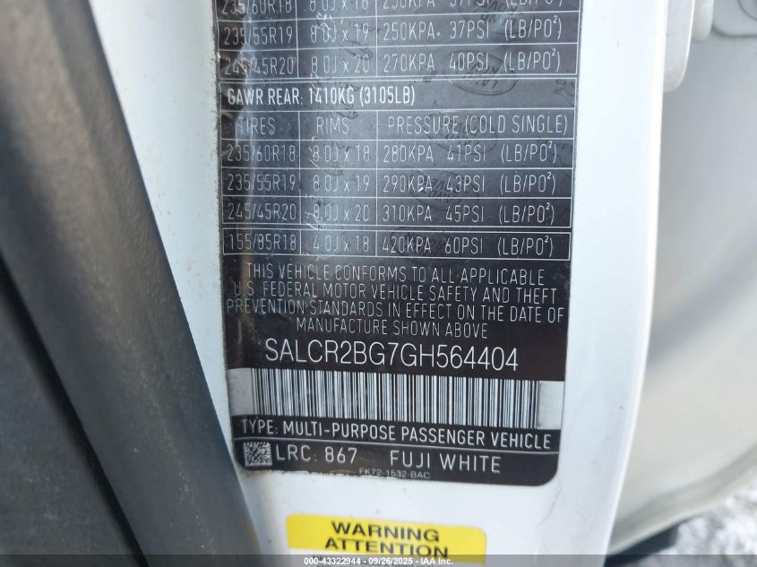 2016 Land Rover Discovery Sport Hse VIN: SALCR2BG7GH564404 Lot: 43322944