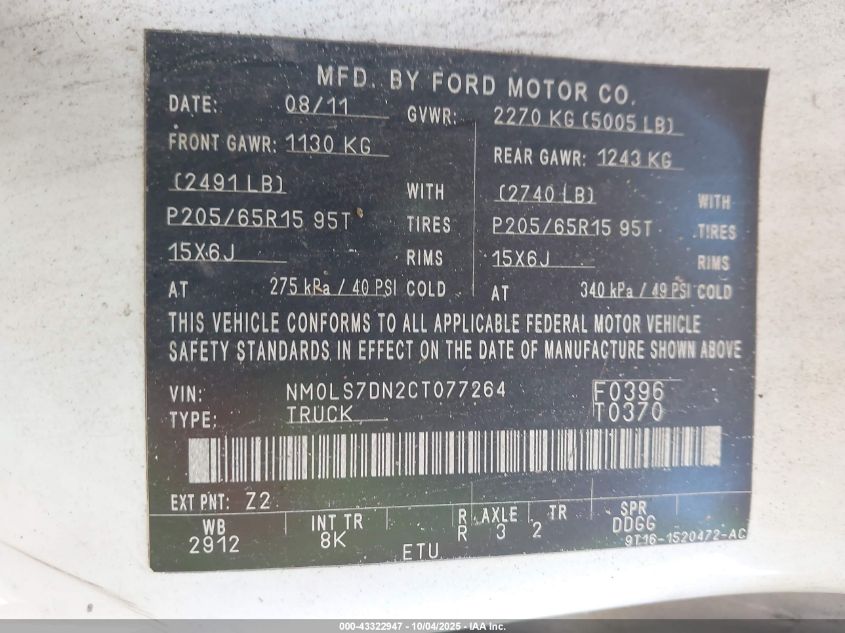 2012 Ford Transit Connect Xlt VIN: NM0LS7DN2CT077264 Lot: 43322947