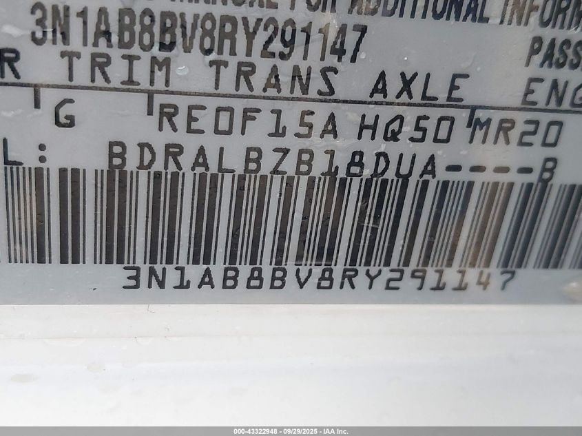 2024 Nissan Sentra S Xtronic Cvt VIN: 3N1AB8BV8RY291147 Lot: 43322948