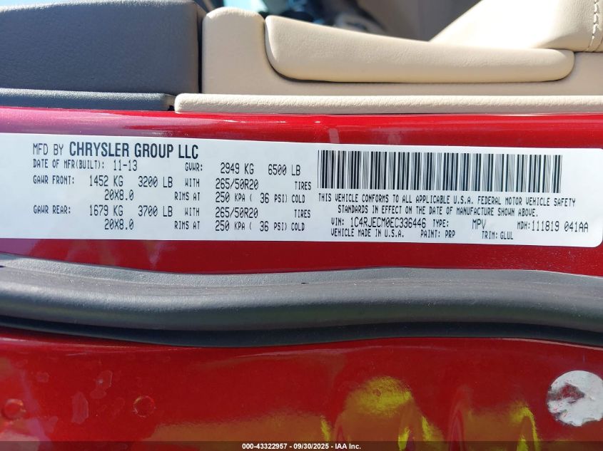 2014 Jeep Grand Cherokee Overland VIN: 1C4RJECM0EC336446 Lot: 43322957