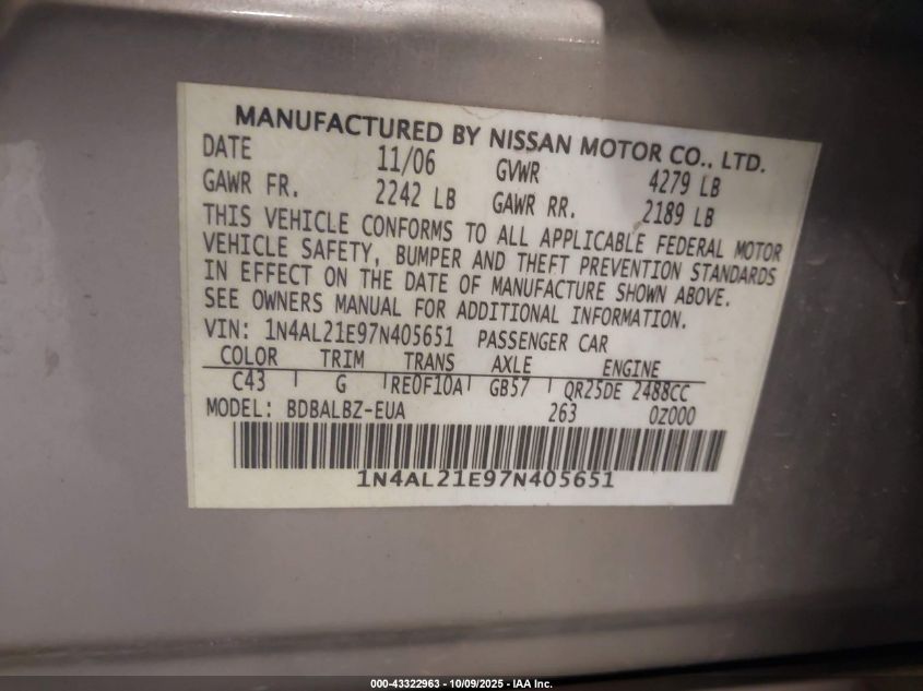 2007 Nissan Altima 2.5 S VIN: 1N4AL21E97N405651 Lot: 43322963