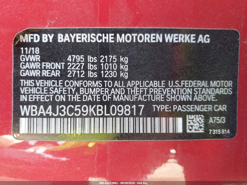 2019 BMW 430I Gran Coupe xDrive VIN: WBA4J3C59KBL09817 Lot: 43322962