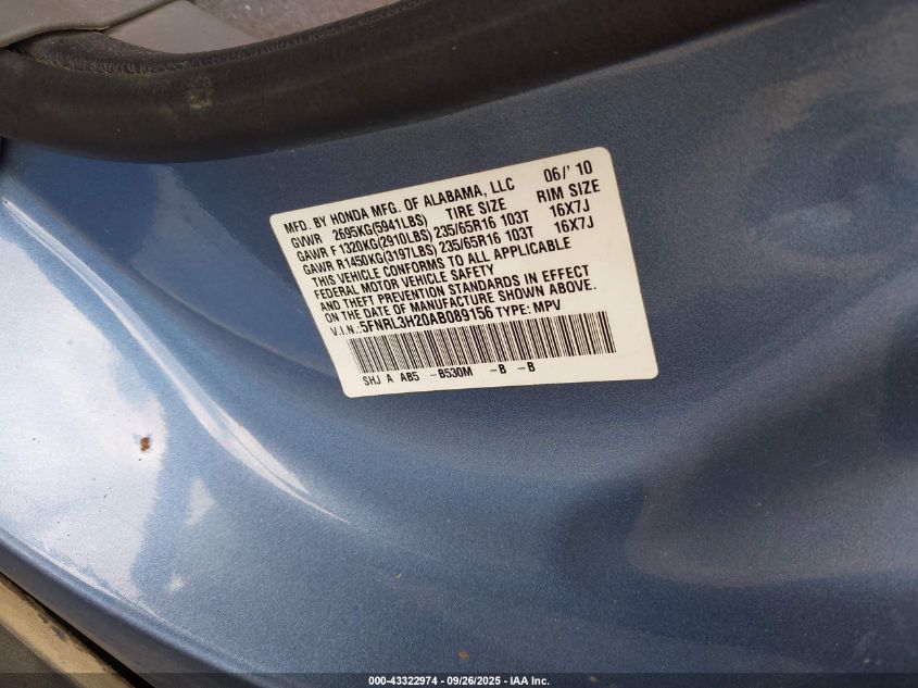 2010 Honda Odyssey Lx VIN: 5FNRL3H20AB089156 Lot: 43322974