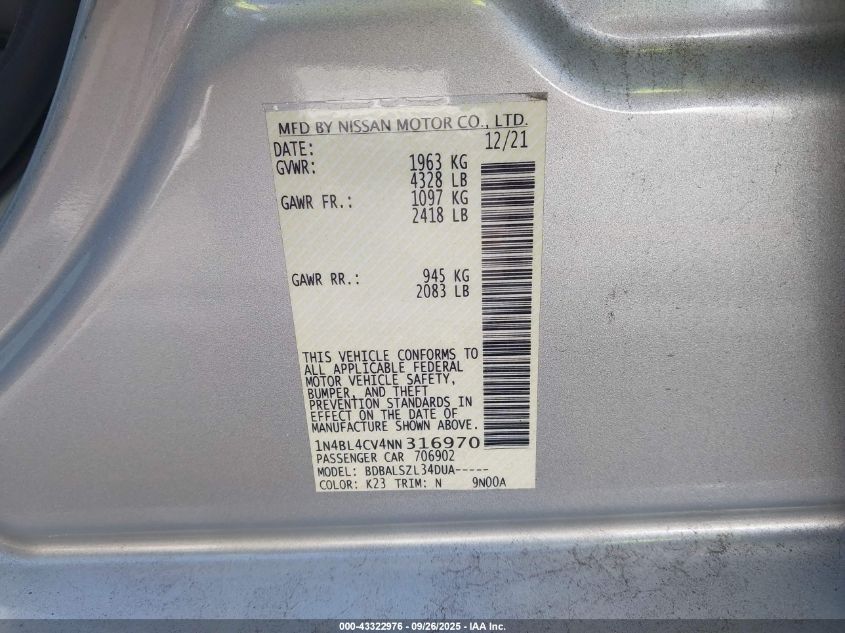 2022 Nissan Altima Sr Fwd VIN: 1N4BL4CV4NN316970 Lot: 43322976