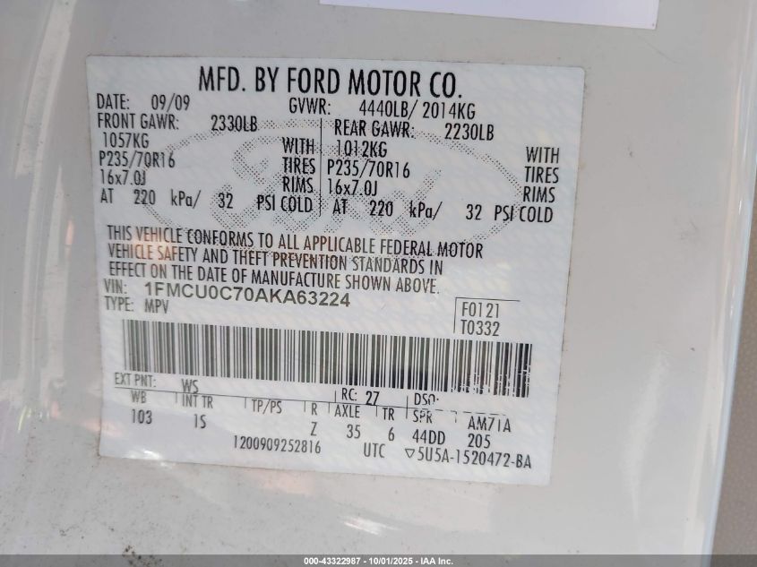 2010 Ford Escape Xls VIN: 1FMCU0C70AKA63224 Lot: 43322987