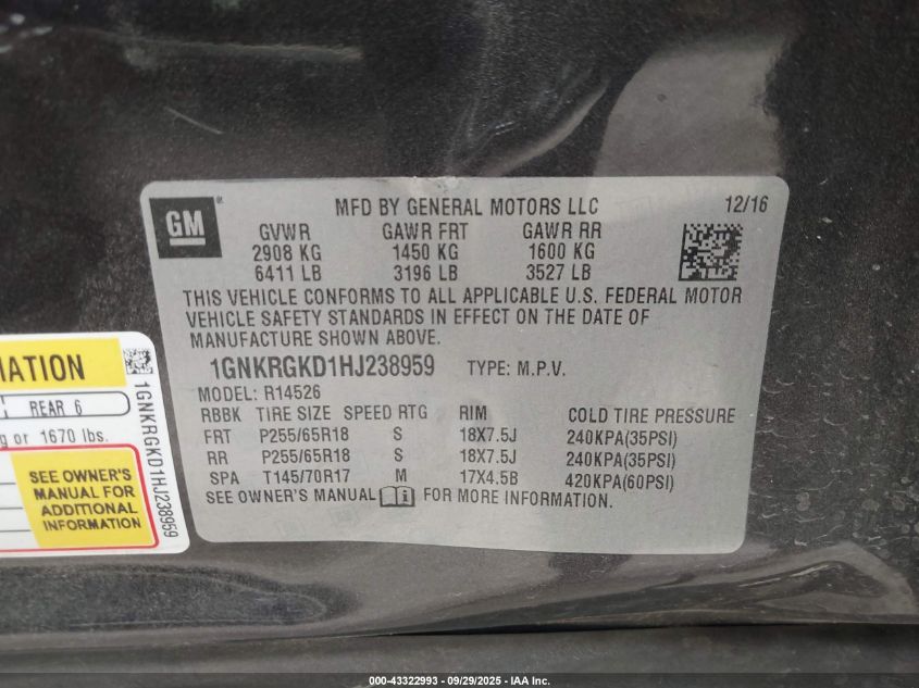 2017 Chevrolet Traverse 1Lt VIN: 1GNKRGKD1HJ238959 Lot: 43322993