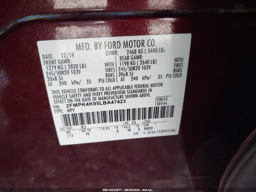 2020 Ford Edge Titanium VIN: 2FMPK4K95LBA47423 Lot: 43323017