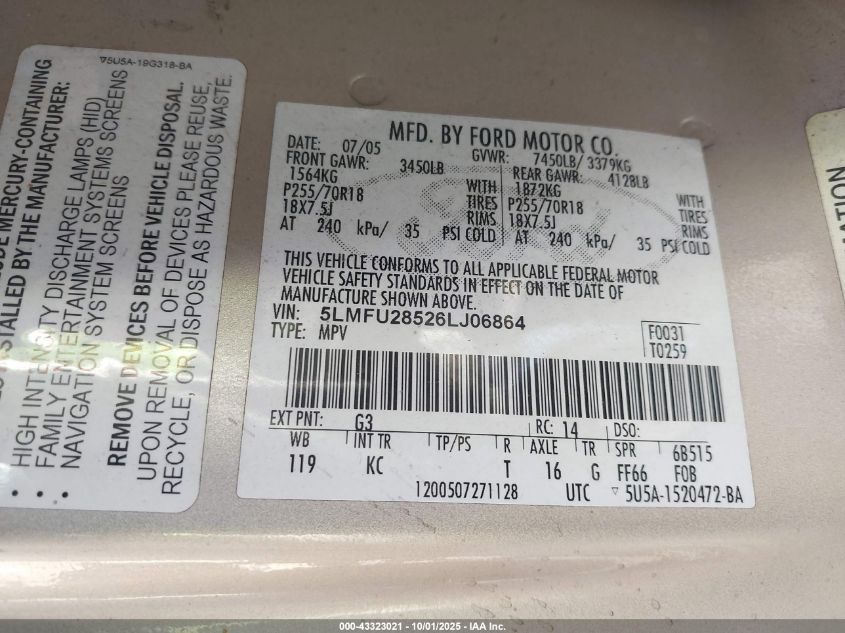 2006 Lincoln Navigator Luxury/Ultimate VIN: 5LMFU28526LJ06864 Lot: 43323021