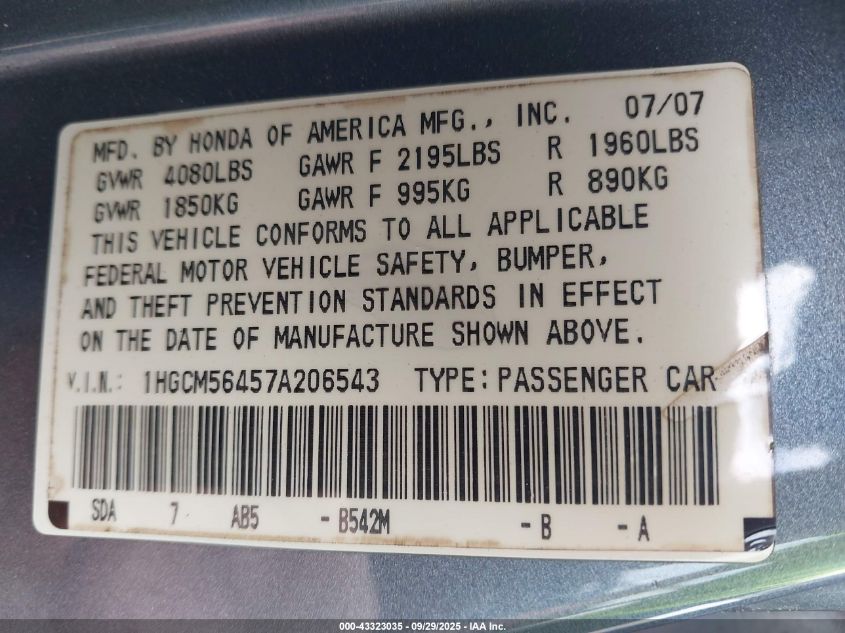 2007 Honda Accord 2.4 Lx VIN: 1HGCM56457A206543 Lot: 43323035