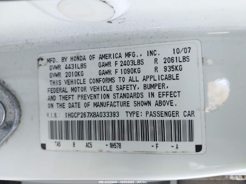 2008 Honda Accord 2.4 Ex VIN: 1HGCP267X8A033393 Lot: 43323042