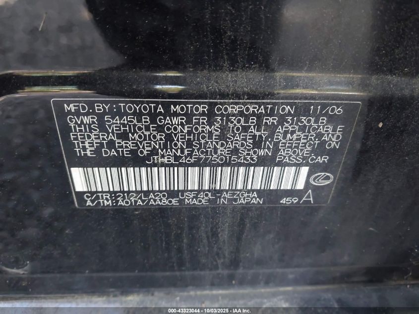 2007 Lexus Ls 460 VIN: JTHBL46F775015433 Lot: 43323044