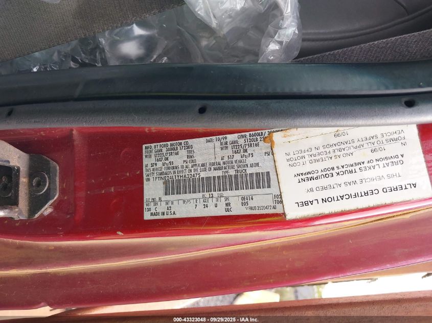 2000 Ford E-250 Commercial/Recreational VIN: 1FTNE24L1YHA32475 Lot: 43323048