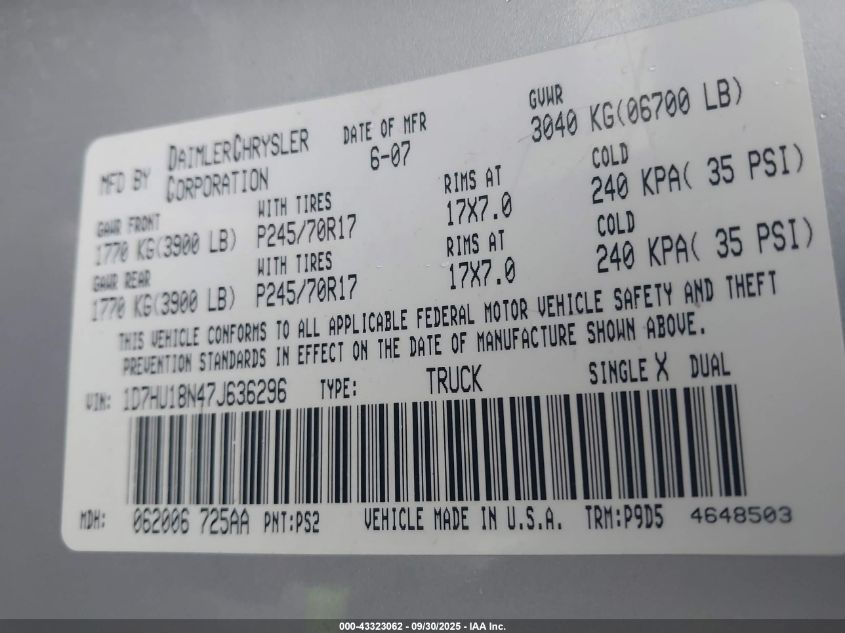 2007 Dodge Ram 1500 St VIN: 1D7HU18N47J636296 Lot: 43323062