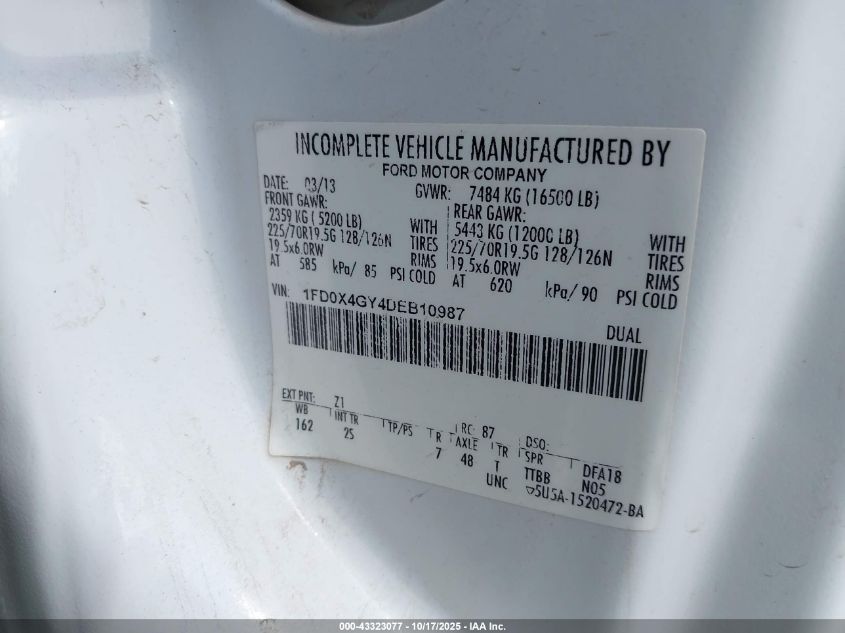 2013 Ford F-450 Chassis Xl VIN: 1FD0X4GY4DEB10987 Lot: 43323077