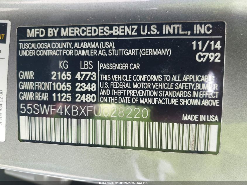 2015 Mercedes-Benz C 300 4Matic VIN: 55SWF4KBXFU028220 Lot: 43323082