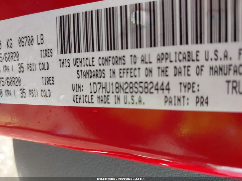 2008 Dodge Ram 1500 Slt VIN: 1D7HU18N28S582444 Lot: 43323107