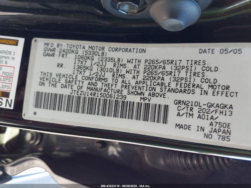 2005 Toyota 4Runner Sr5 Sport V6/Sr5 V6 VIN: JTEZU14R150061239 Lot: 43323110