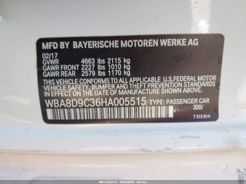 2017 BMW 330I xDrive VIN: WBA8D9C36HA005515 Lot: 43323113
