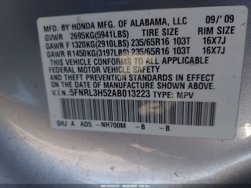 2010 Honda Odyssey Ex VIN: 5FNRL3H52AB013223 Lot: 43323121