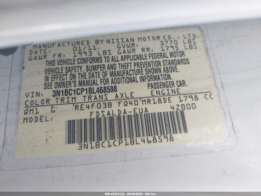 2011 Nissan Versa 1.8S VIN: 3N1BC1CP1BL468598 Lot: 43323122