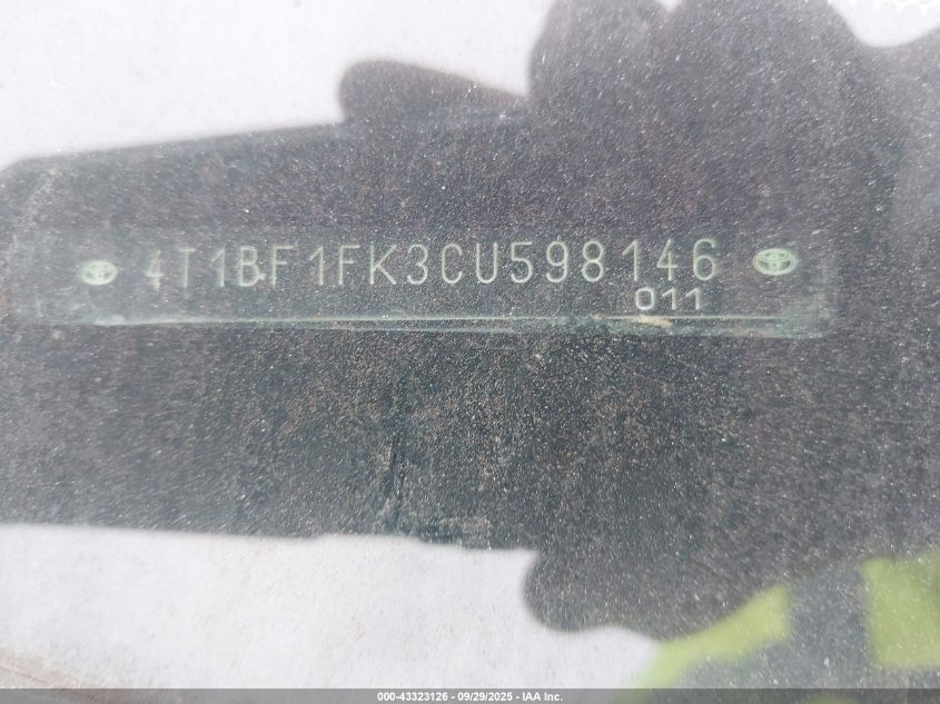 2012 Toyota Camry Se VIN: 4T1BF1FK3CU598146 Lot: 43323126