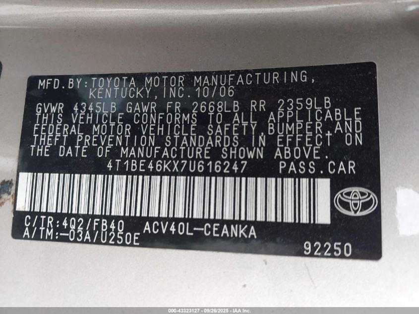 2007 Toyota Camry Le VIN: 4T1BE46KX7U616247 Lot: 43323127