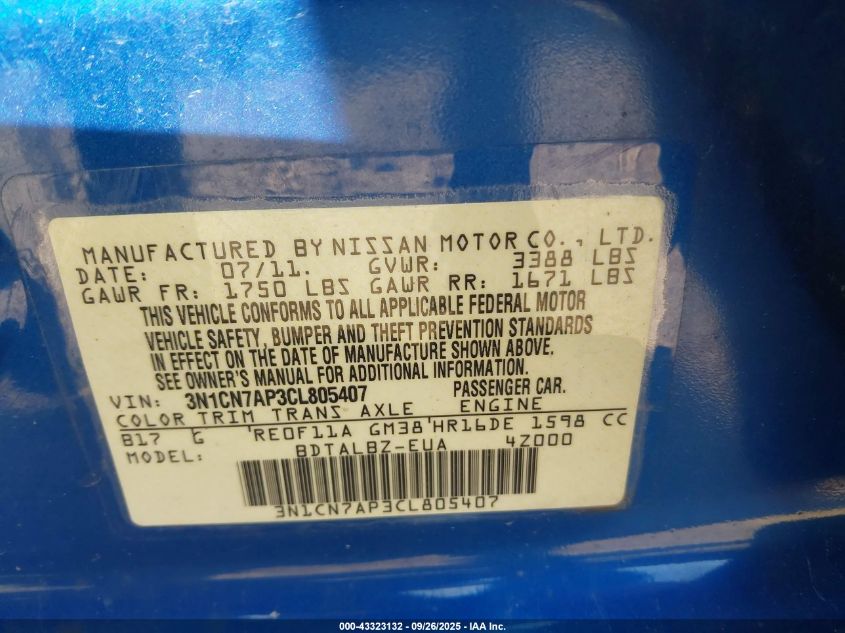 2012 Nissan Versa 1.6 Sv VIN: 3N1CN7AP3CL805407 Lot: 43323132