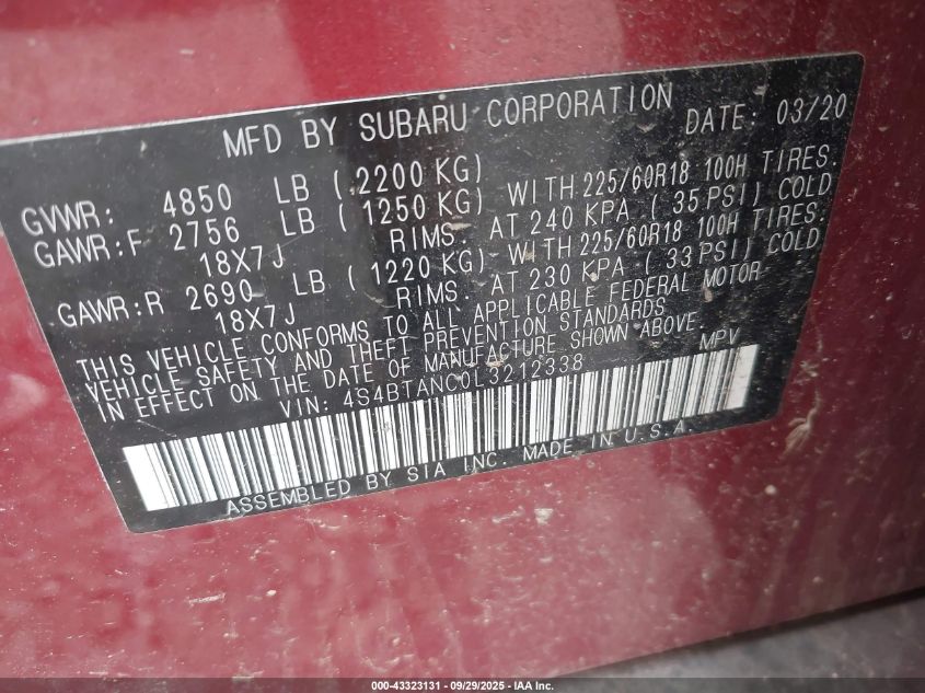 2020 Subaru Outback Limited VIN: 4S4BTANC0L3212338 Lot: 43323131