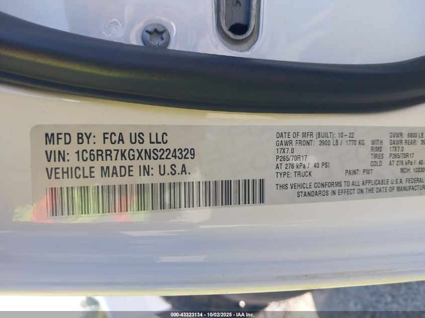 2022 Ram 1500 Classic Tradesman 4X4 5'7 Box VIN: 1C6RR7KGXNS224329 Lot: 43323134