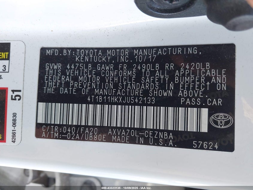 2018 Toyota Camry L/Le/Xle/Se/Xse VIN: 4T1B11HKXJU542133 Lot: 43323135