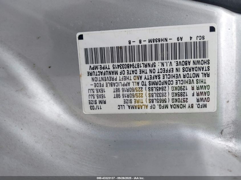 2004 Honda Odyssey Ex-L VIN: 5FNRL18794B033415 Lot: 43323137