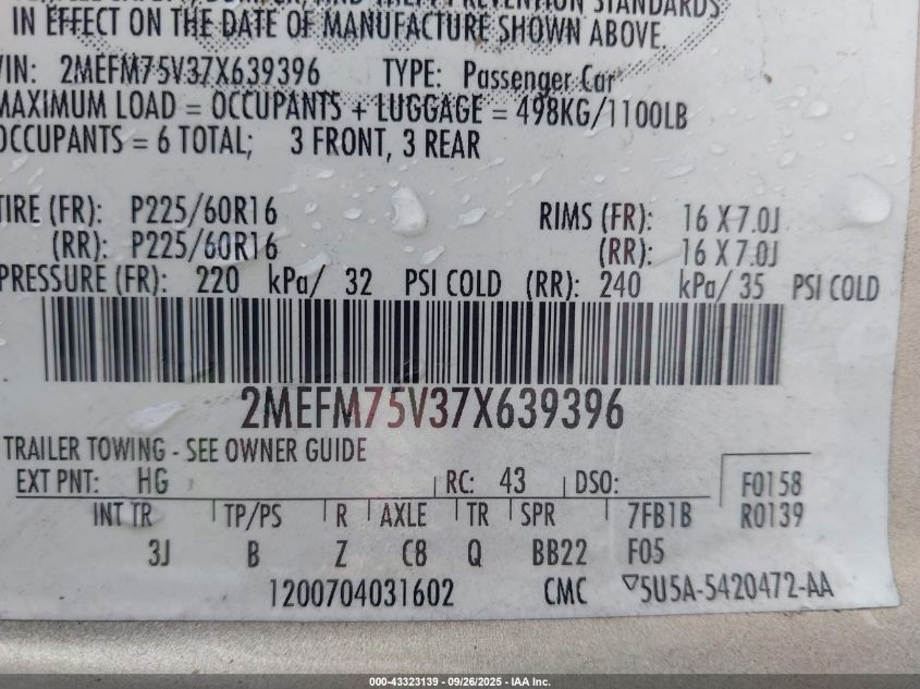 2007 Mercury Grand Marquis Ls VIN: 2MEFM75V37X639396 Lot: 43323139