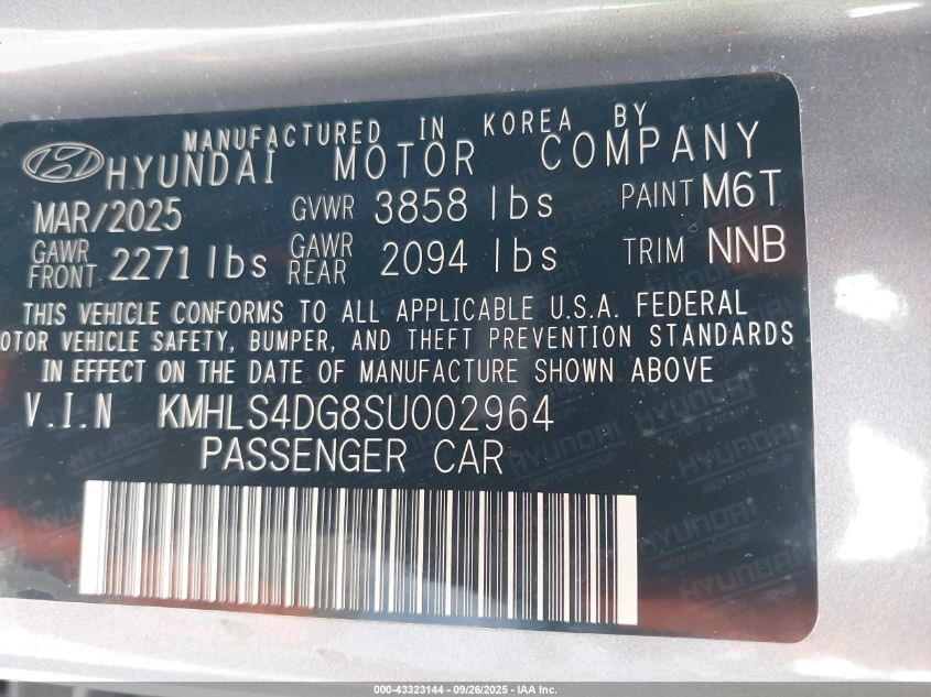 2025 Hyundai Elantra Sel Convenience VIN: KMHLS4DG8SU002964 Lot: 43323144