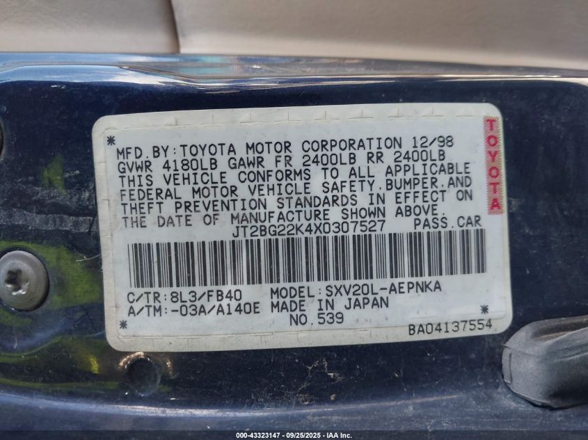 1999 Toyota Camry Le VIN: JT2BG22K4X0307527 Lot: 43323147