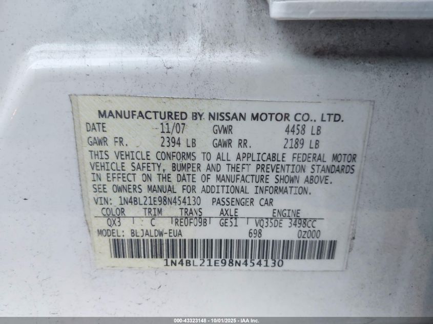 2008 Nissan Altima 3.5 Se VIN: 1N4BL21E98N454130 Lot: 43323148