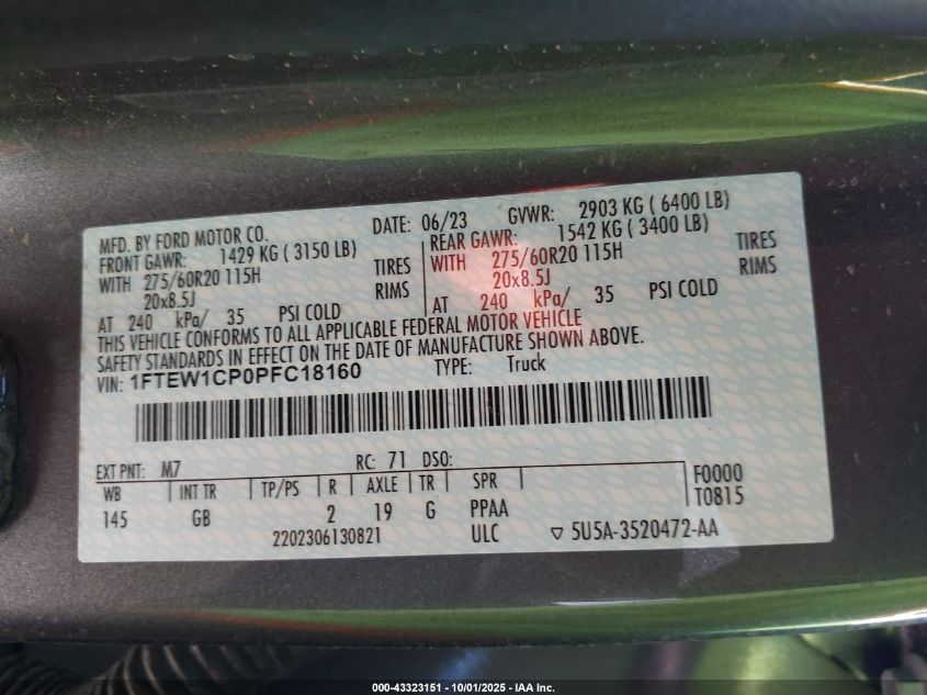 2023 Ford F-150 Xl VIN: 1FTEW1CP0PFC18160 Lot: 43323151