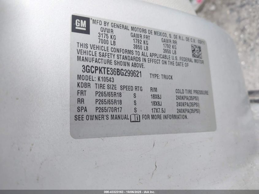 2011 Chevrolet Silverado 1500 Ltz VIN: 3GCPKTE36BG299621 Lot: 43323163