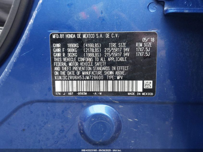 2018 Honda Hr-V Ex VIN: 3CZRU6H53JM728600 Lot: 43323165