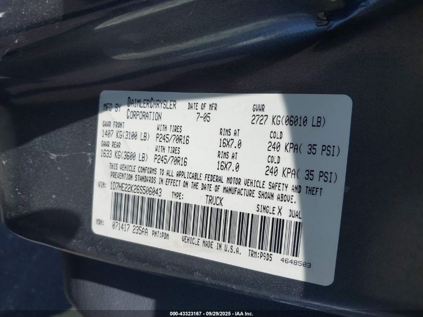 2006 Dodge Dakota St VIN: 1D7HE22K26S506043 Lot: 43323167