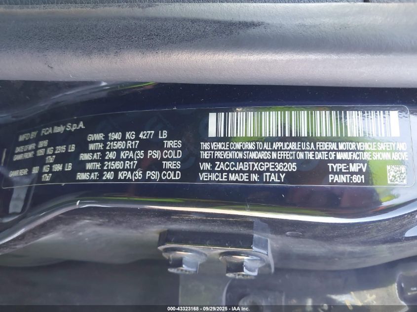 2016 Jeep Renegade Latitude VIN: ZACCJABTXGPE36205 Lot: 43323168