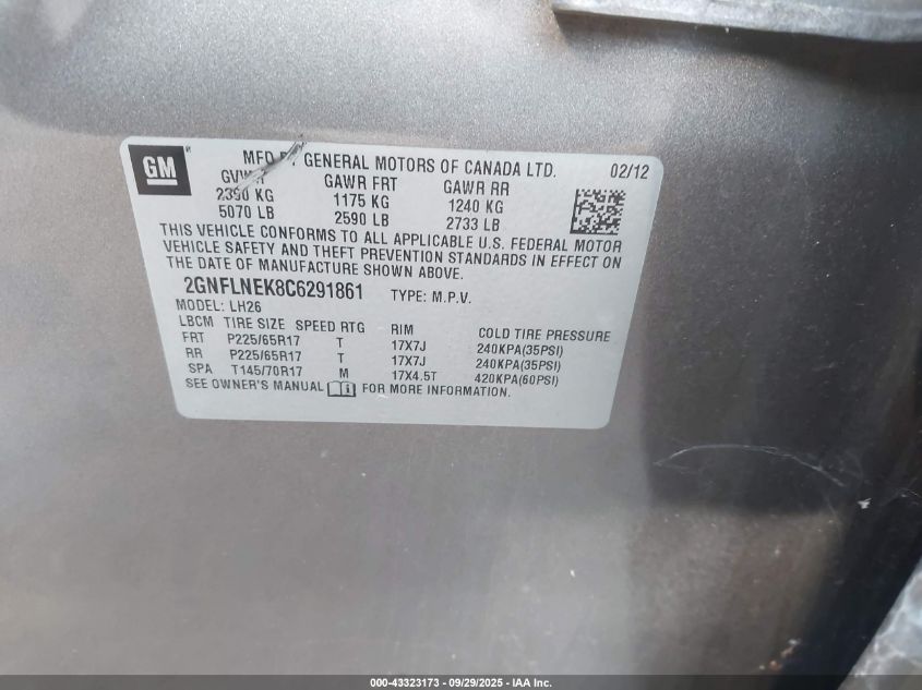 2012 Chevrolet Equinox Lt VIN: 2GNFLNEK8C6291861 Lot: 43323173