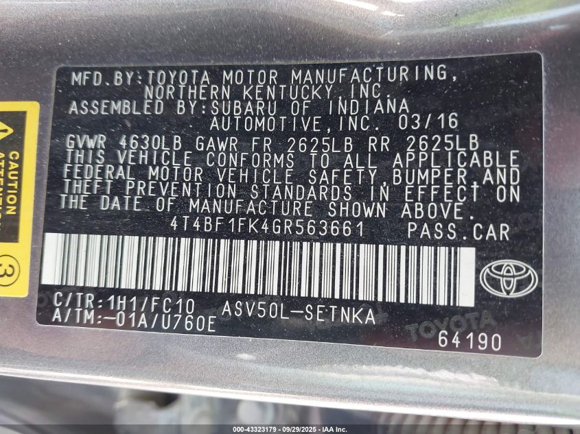 2016 Toyota Camry Le VIN: 4T4BF1FK4GR563661 Lot: 43323179