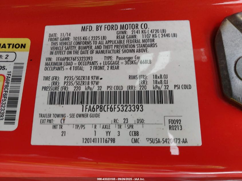 2015 Ford Mustang Gt VIN: 1FA6P8CF6F5323393 Lot: 43323185