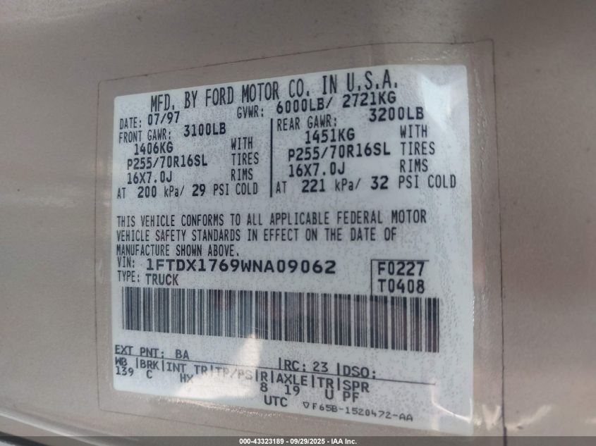 1998 Ford F-150 Lariat/Standard/Xl/Xlt VIN: 1FTDX1769WNA09062 Lot: 43323189