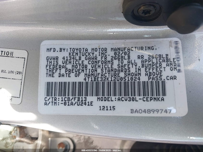 2002 Toyota Camry Le VIN: 4T1BE32K12U051024 Lot: 43323194