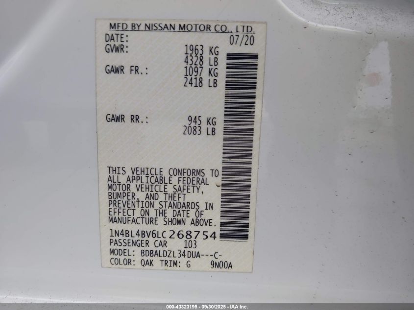 2020 Nissan Altima S Fwd VIN: 1N4BL4BV6LC268754 Lot: 43323195
