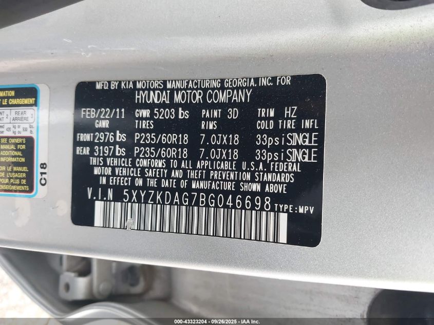 2011 Hyundai Santa Fe Limited V6 VIN: 5XYZKDAG7BG046698 Lot: 43323204