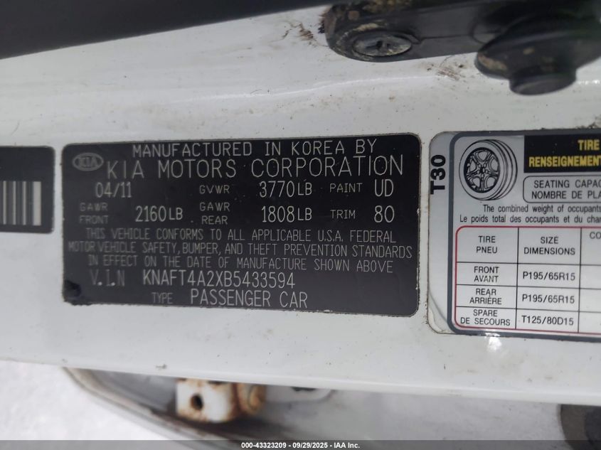 2011 Kia Forte Lx VIN: KNAFT4A2XB5433594 Lot: 43323209