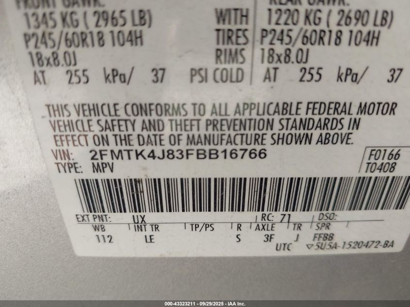 2015 Ford Edge Sel VIN: 2FMTK4J83FBB16766 Lot: 43323211